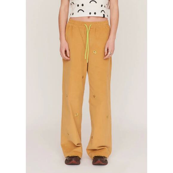 Lazy Oaf Golden Yellow Corduroy Wide Leg Sunshine Embroidered Pants Size 4 - Picture 2 of 9